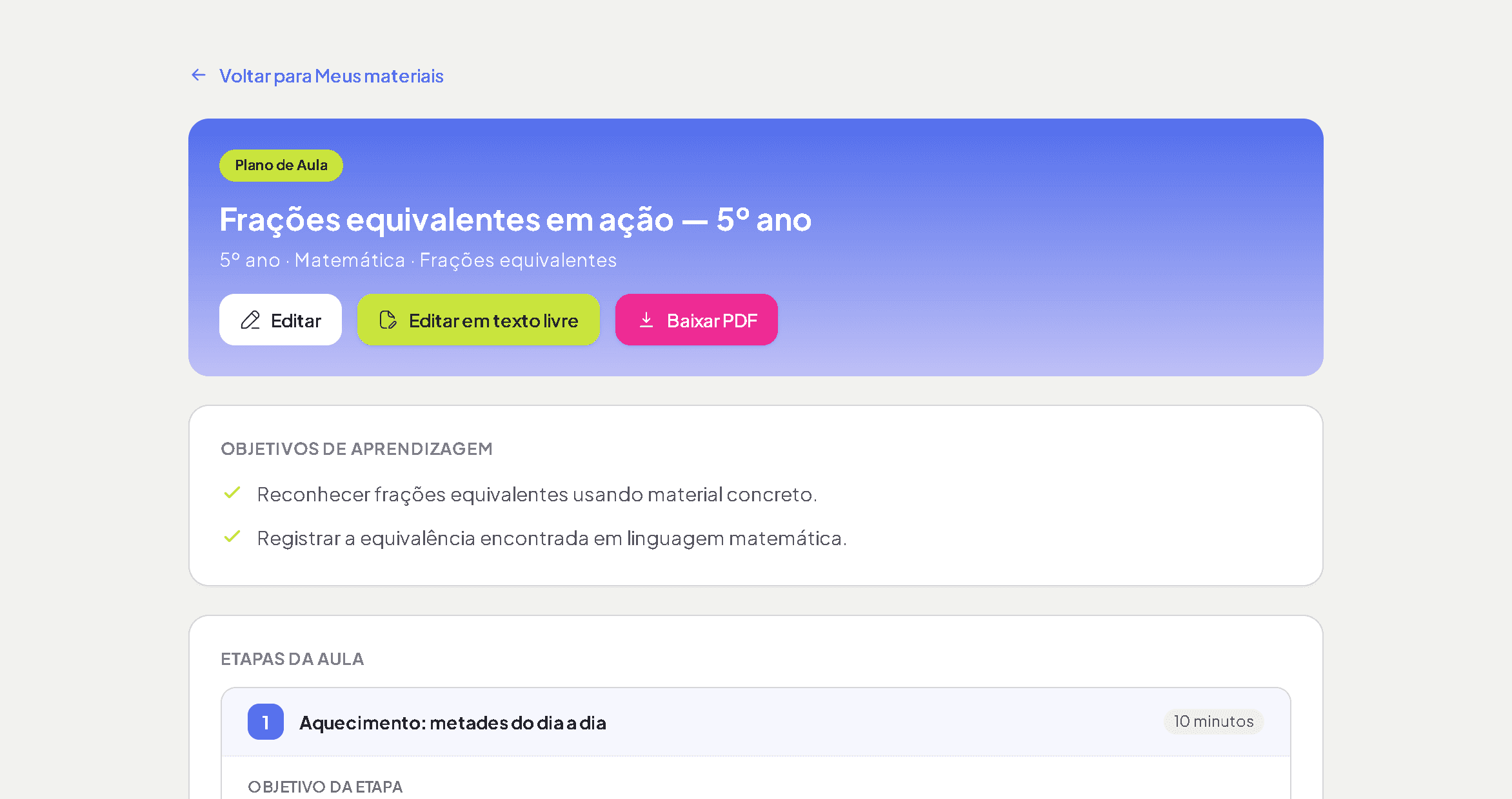 Plano de aula do Matér.ia com etapas, tempo de cada uma, ação do professor e estratégias neuroinclusivas